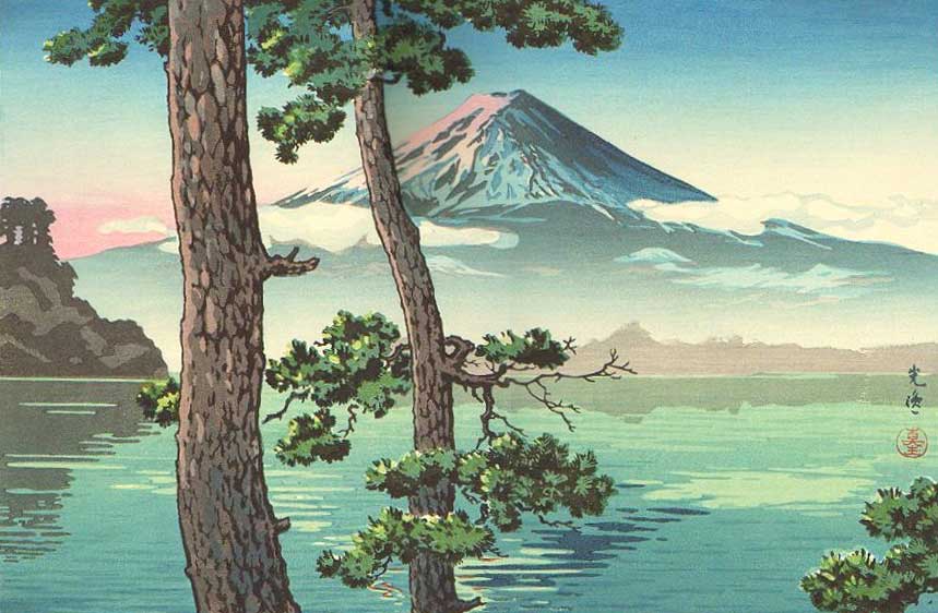 富士山と湖 日本画 アルミフレーム 辰雄 富士山と湖 日本画 アルミ