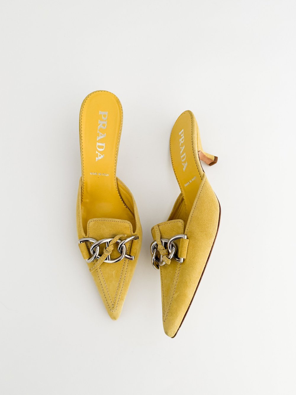 Prada Vintage Yellow Suede Chain Link Kitten Mule Heels (US 7 / IT