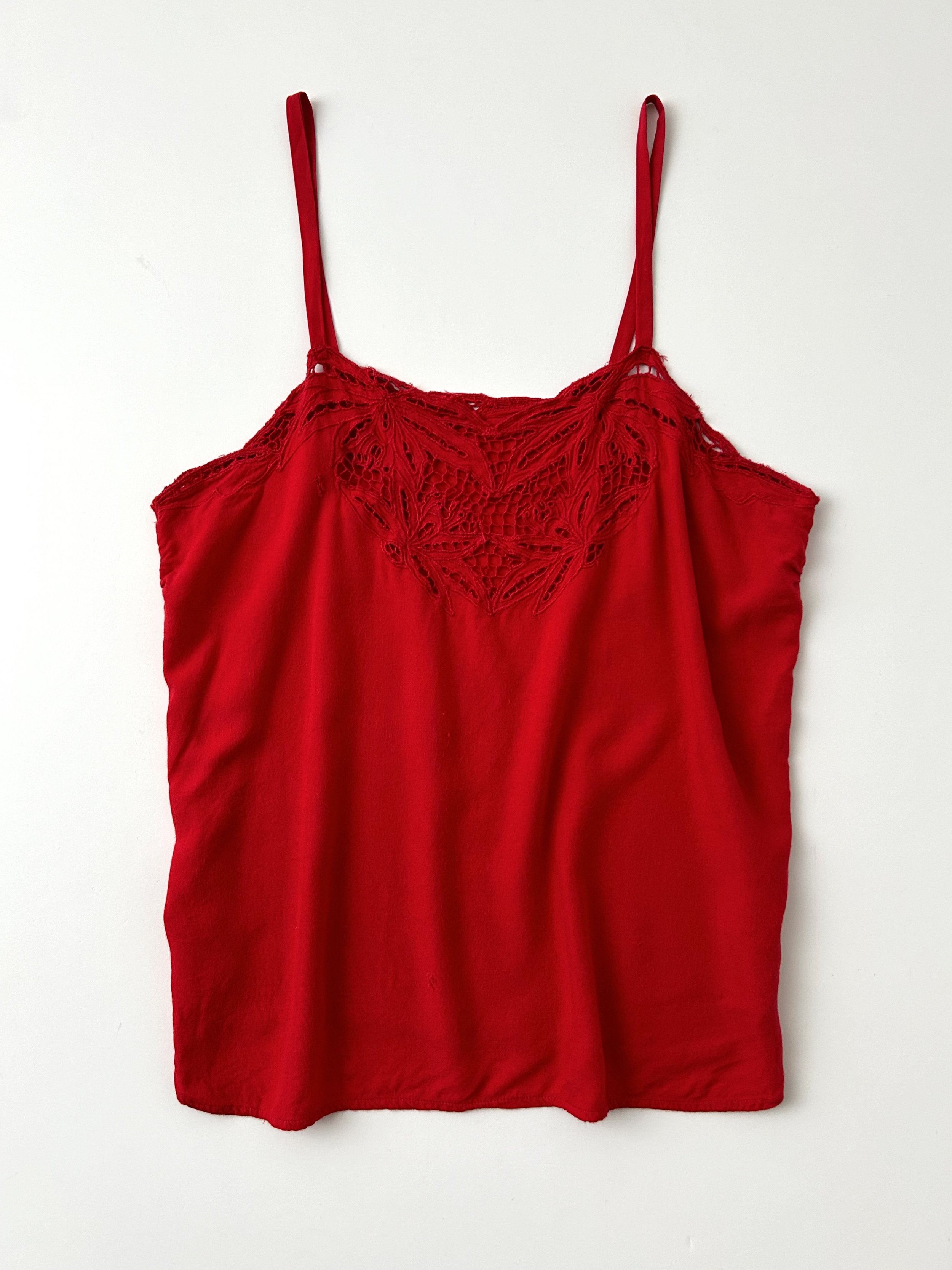 Vintage 90's red rayon camisole with lace cutwork details