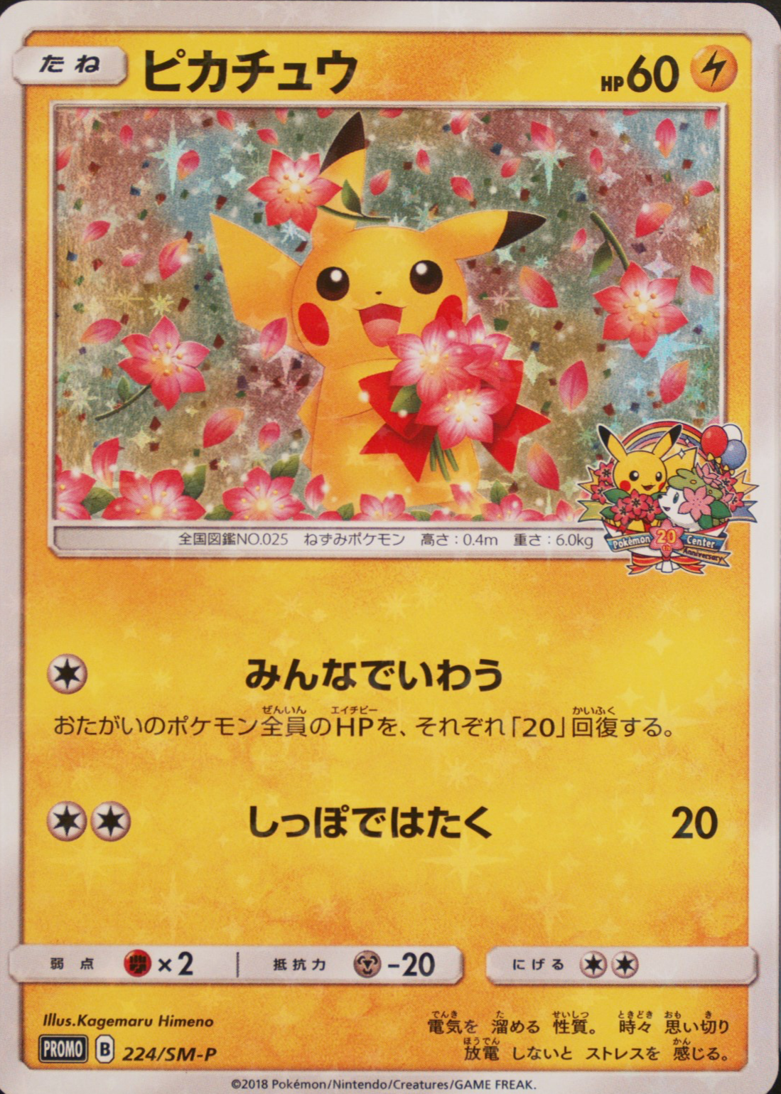 Pikachu 2018 Japanese SM-P Promo #224/SM-P 20th Anniversary