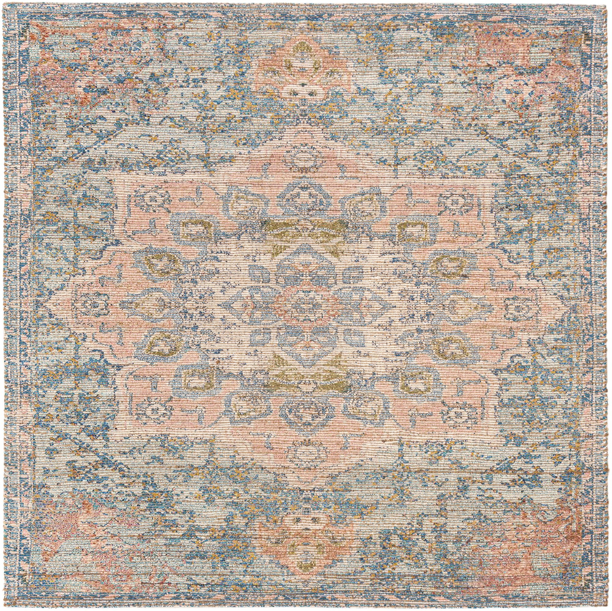 Blue and Peach 7' 10 x 7' 10 Hand Woven Chenille Jute Square Rug