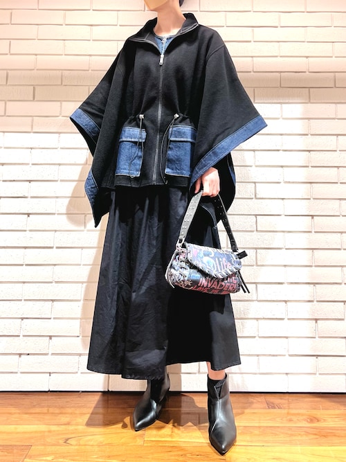 HOT】デニム×キルティング 調節ゴム ポケット付きポンチョ（ポンチョ