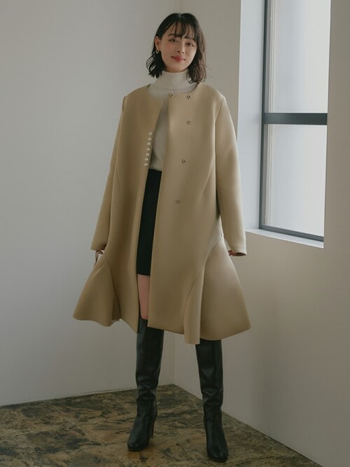 パールデザインダンボールニットフレアコート ｜ レディース アウター