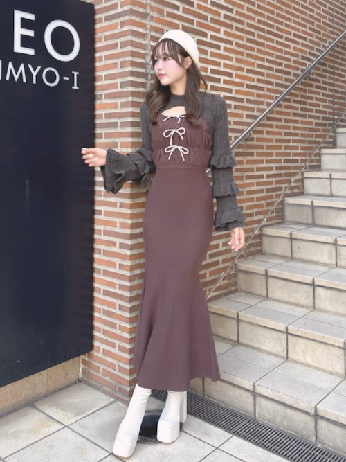 リボンデザインシャギーニットロングワンピース（ワンピース）｜Darich