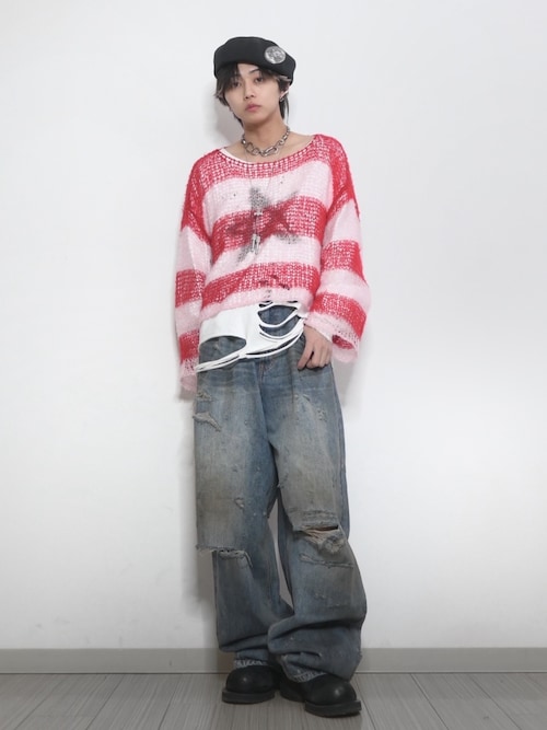 GRANCY】LinestoneDesign Graphic Damage LongTee / ラインストーン