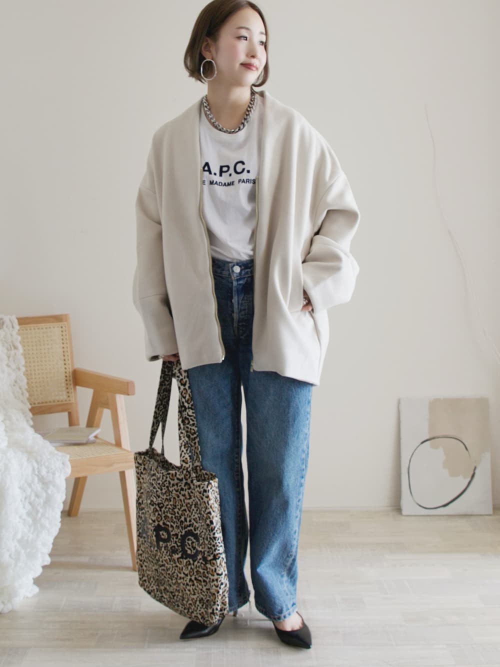 選べる柄】ノーカラーショートコート/ブルゾン/チェックシャギーを使っ