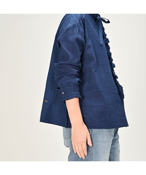 45R 藍ダンガリーインドカディのタックフリルボウタイブラウス 45rpm