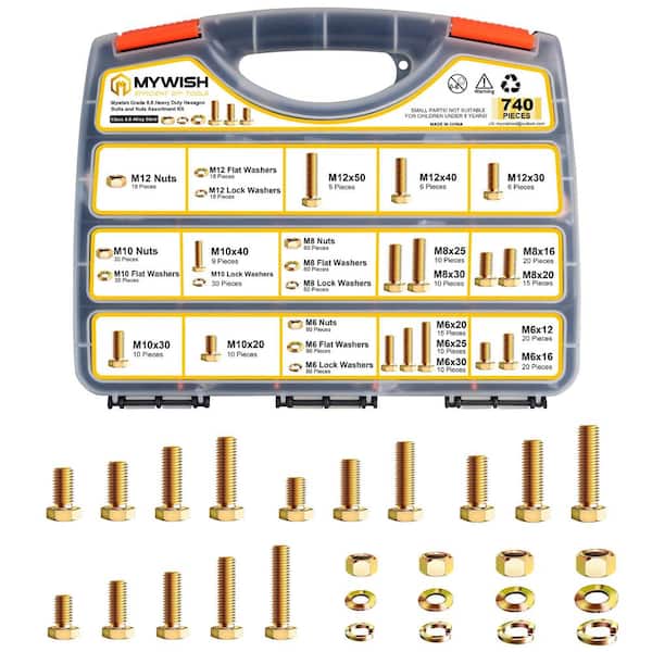 MYWISH 740-Piece M6-M12 Heavy-Duty Bolts and Nuts Assortment Kit