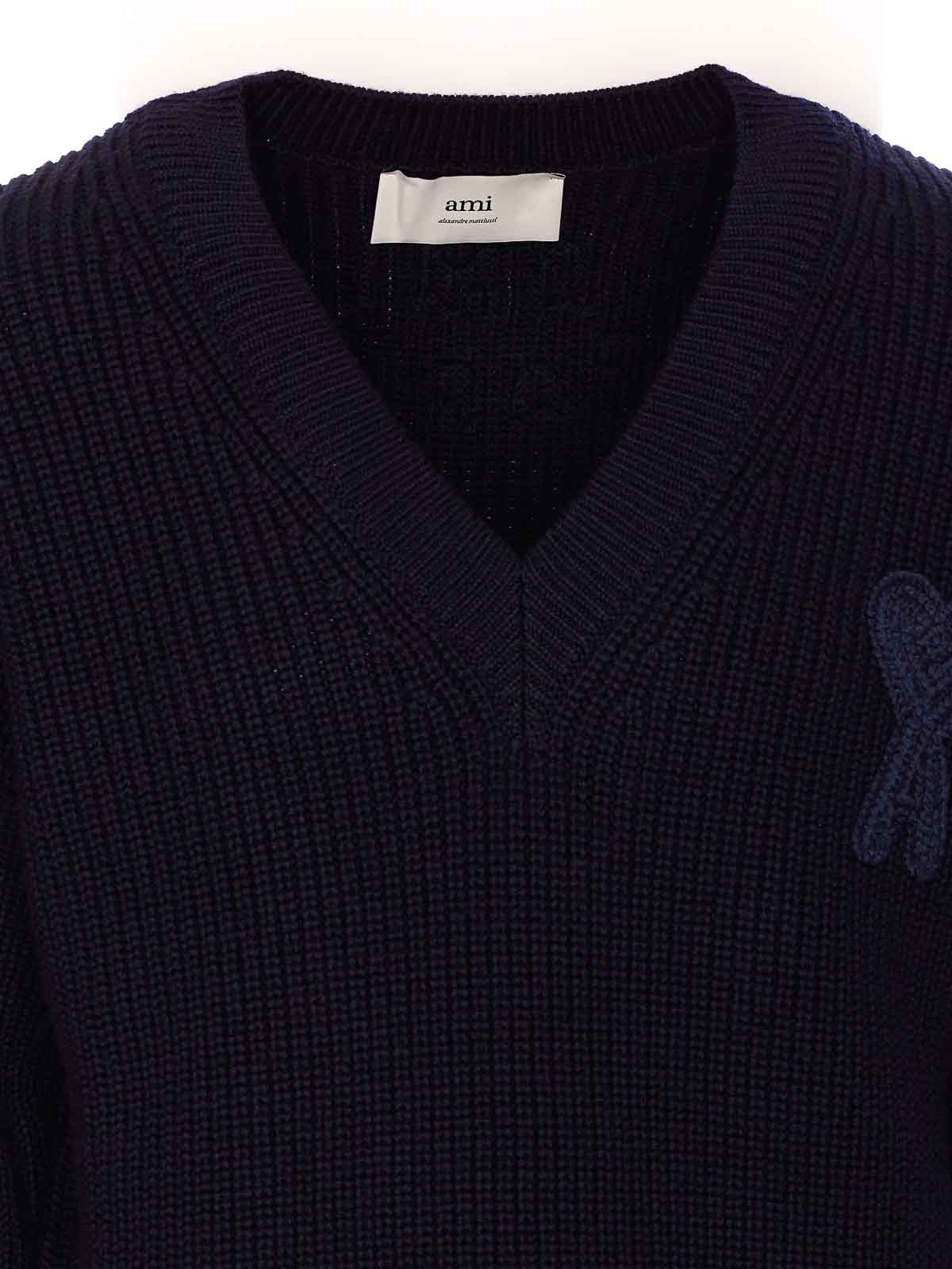 Ami Paris Si Blue Ribbed V Neck Sweater - Blue|UKS268KN00684011