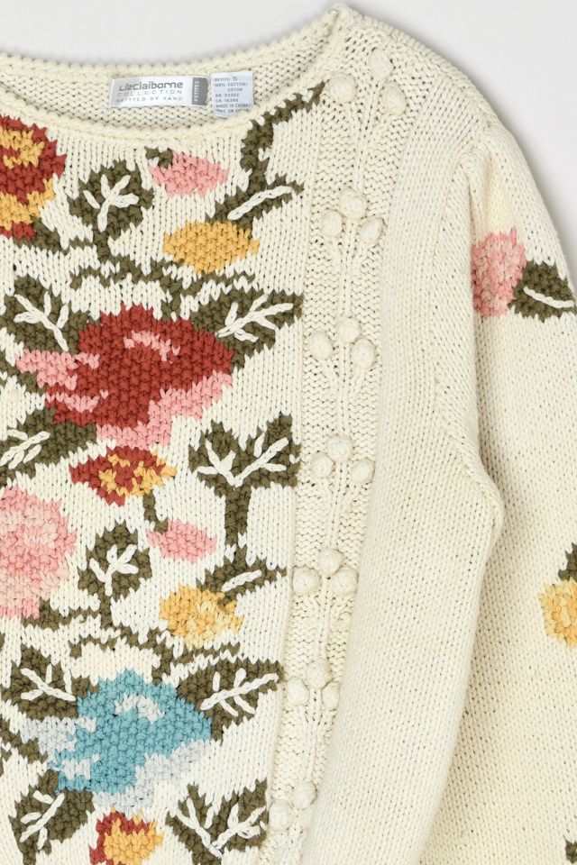 Vintage 90s Textured Knit Sweater with Flowers | Urban Outfitters