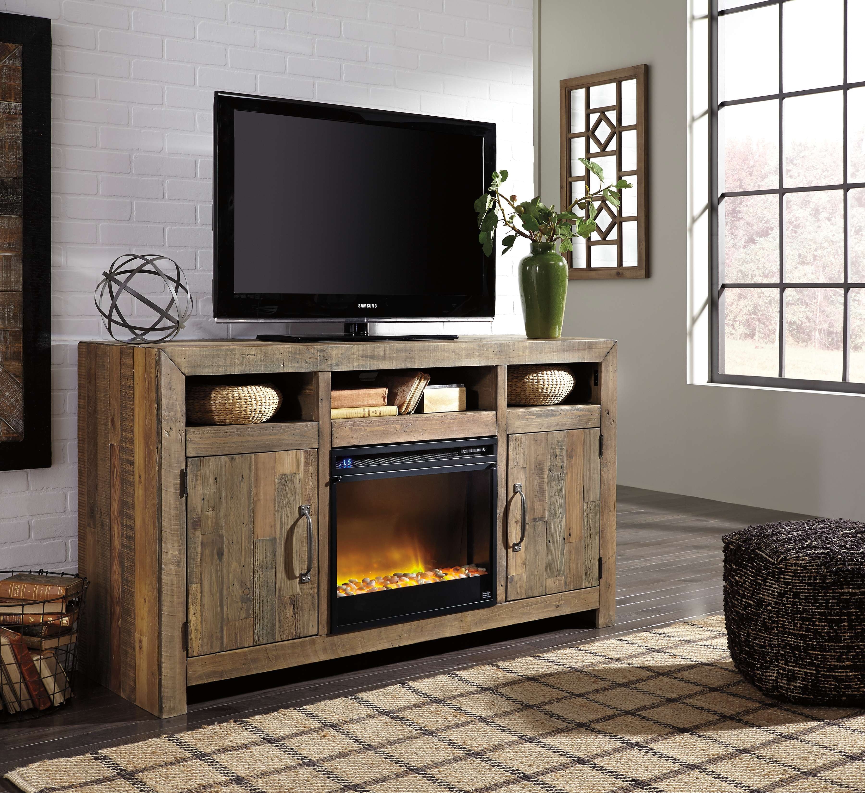Ashley Sommerford 62'' TV Stand with Fireplace Insert Glass/Stone