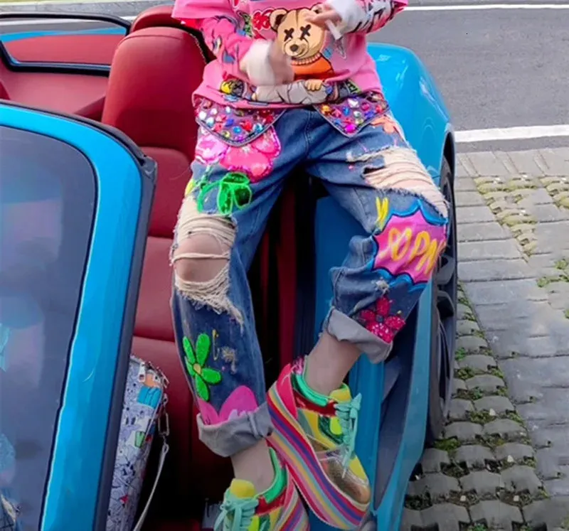 QING MO Womens Jeans: Spring/Summer Heavy Industry Beaded High