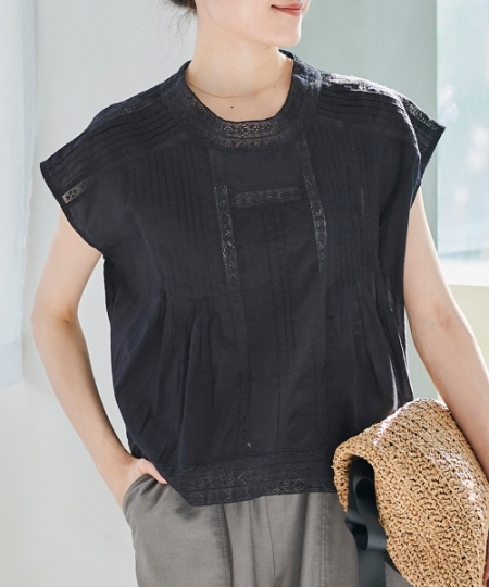 手洗い可能》インド綿ピンタックレースブラウス/le.coeur blanc