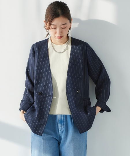 リネンライクストライプノーカラージャケット/le.coeur blanc(ルクール