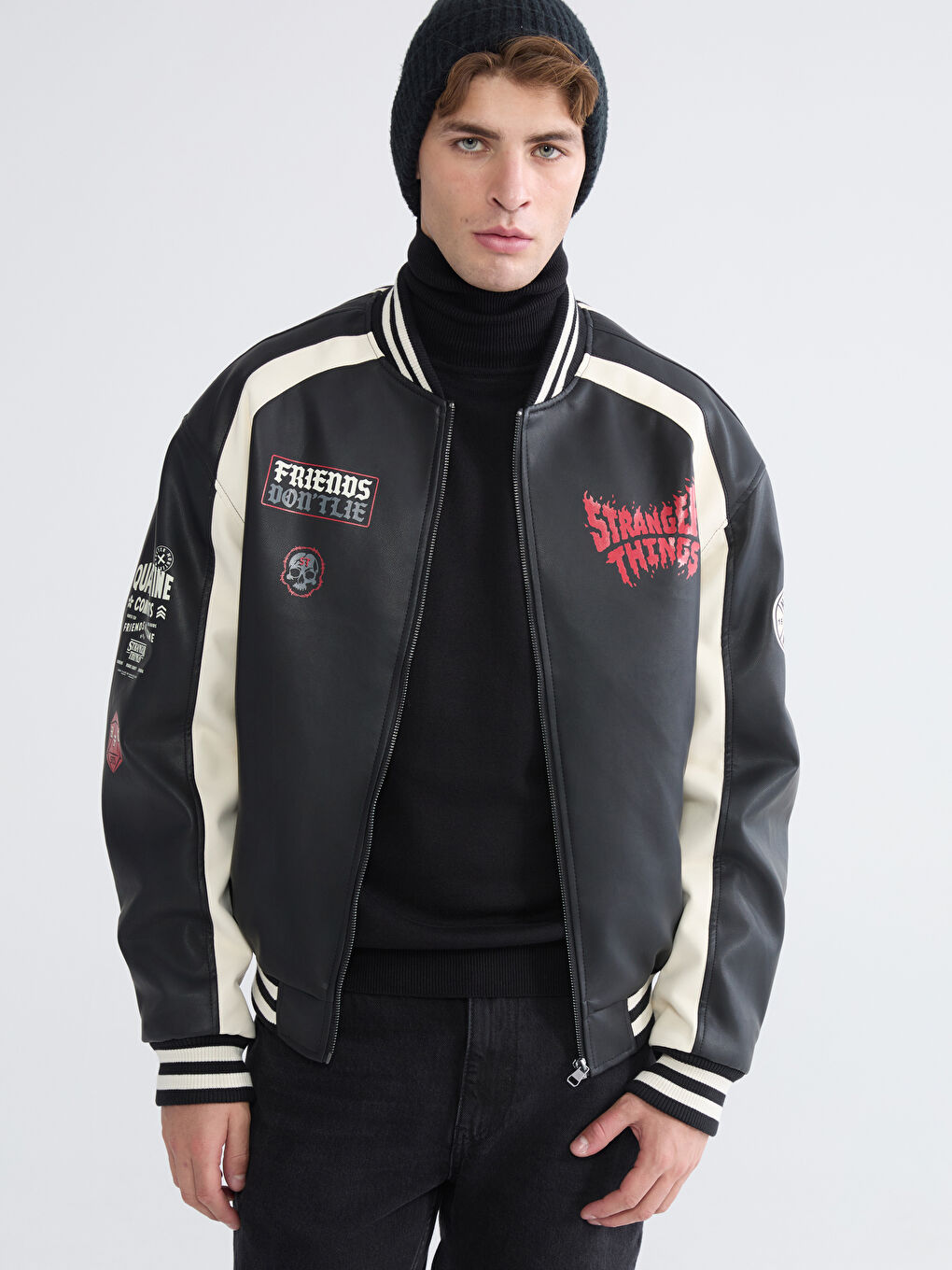 XSIDE Loose Fit Stranger Things Printed Men's Faux Leather Jacket