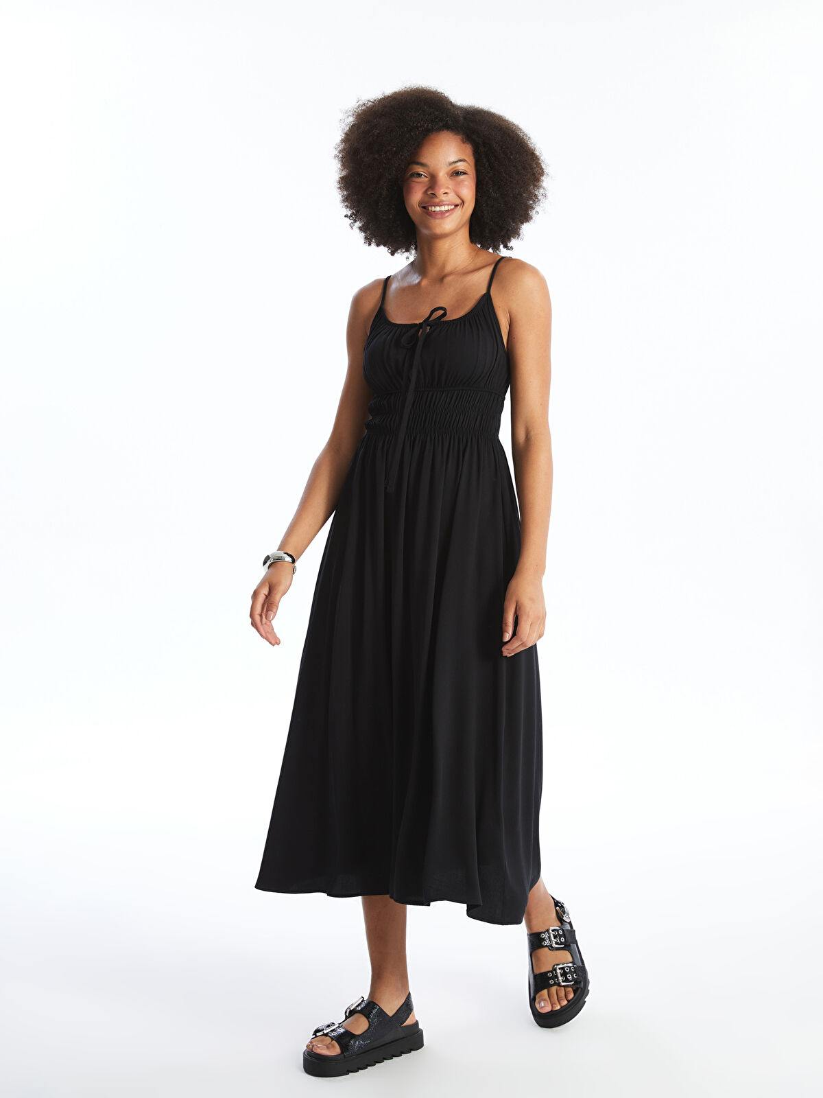 XSIDE Siyah U Yaka Düz Askılı Kadın Elbise - S4N227Z8-CVL | LCW