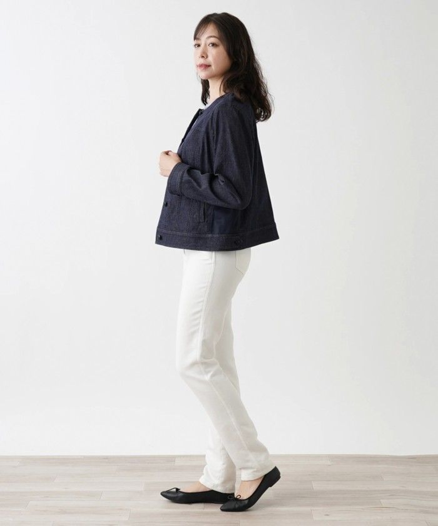 ノーカラーデニムジャケット【Leilian WHITE LABEL】|レリアン プラス