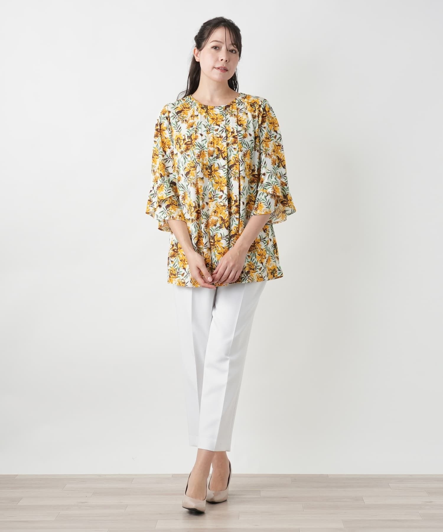 店舗人気】【ウォッシャブル】ボタニカル柄チュニックブラウス