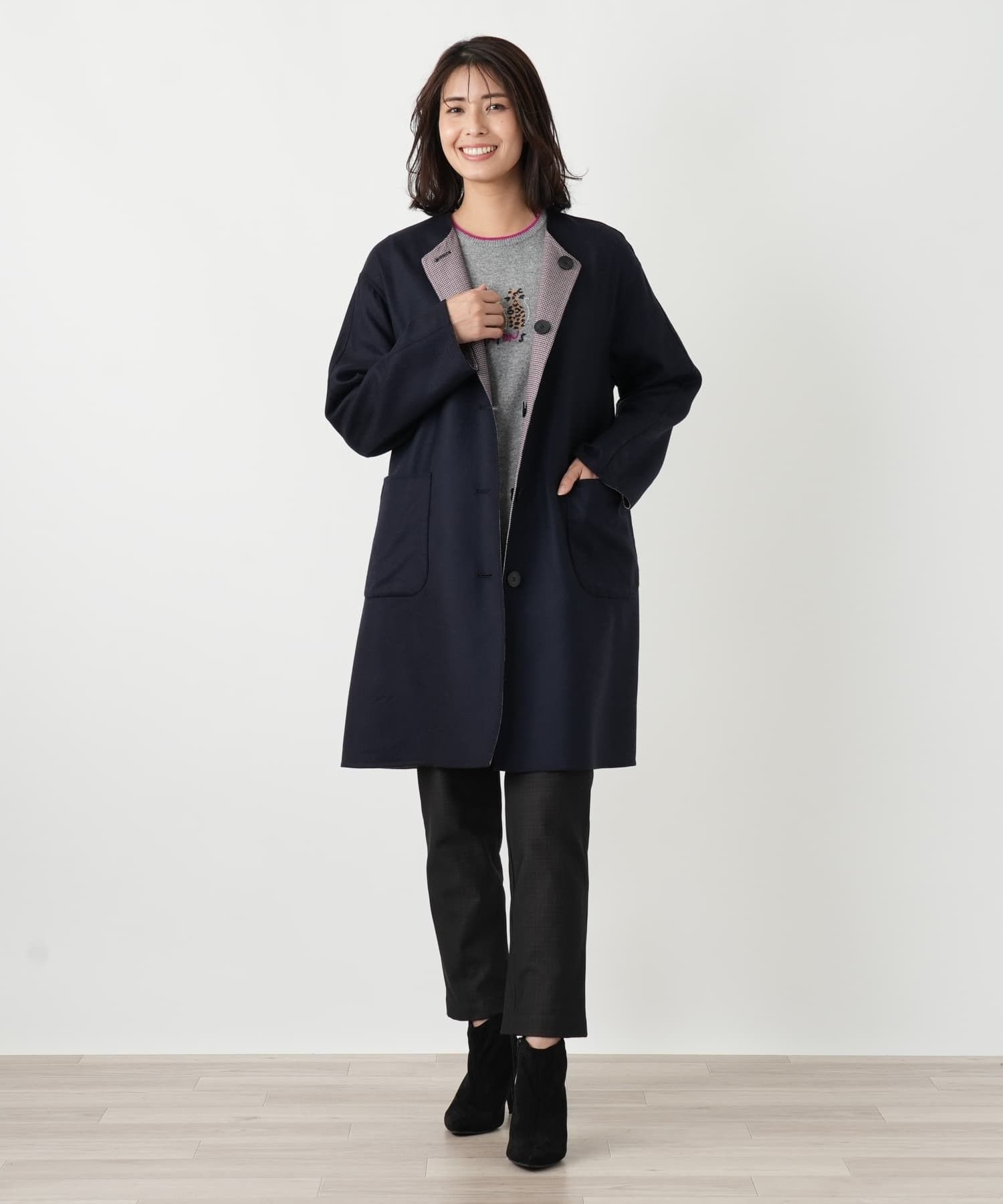 リバーシブルノーカラーコート【Leilian WHITE LABEL】|レリアン