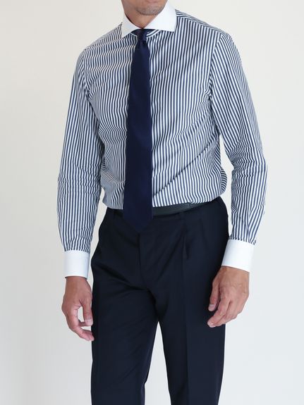 Horizontal ツイル クレリック｜ネイビーストライプ（スリムフィット