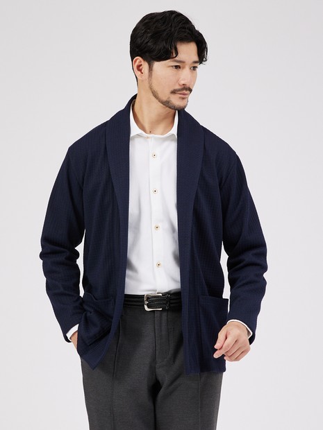 ボタンレス】千鳥柄フクレガジャガード ショールカラー カーディガン