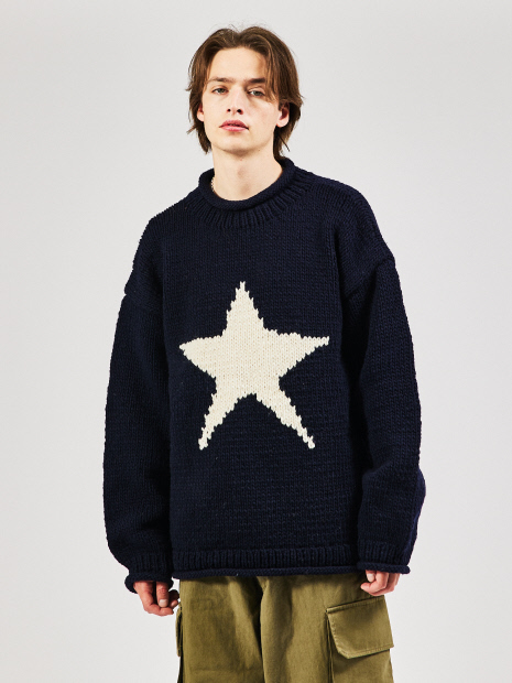 THRIFTY LOOK/スリフティールック】STAR HAND KNIT ROLLCREW /スター柄