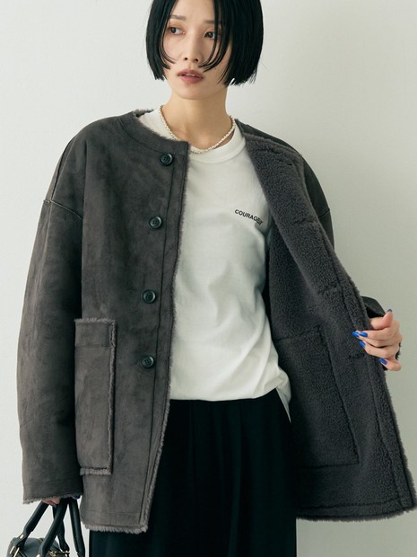 2サイズ展開】2WAYスウェードリバーシブルボアコート / ノーカラー