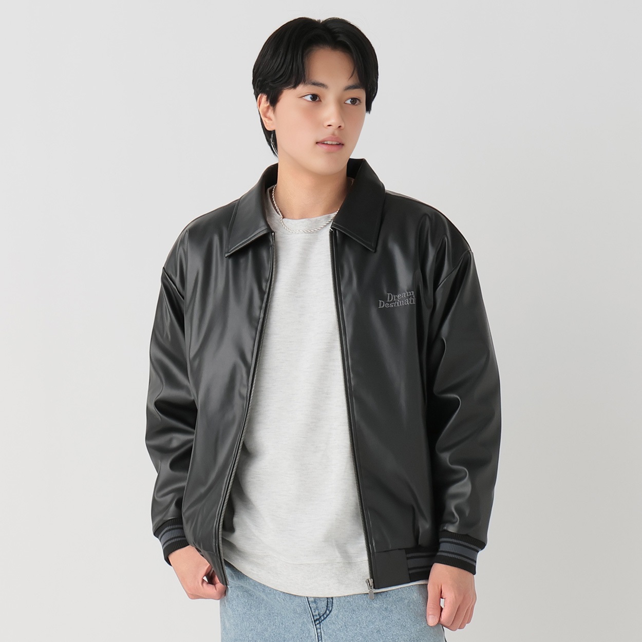 袖PU襟付ジップスタジャン メンズ Doublefocus(ダブルフォーカス