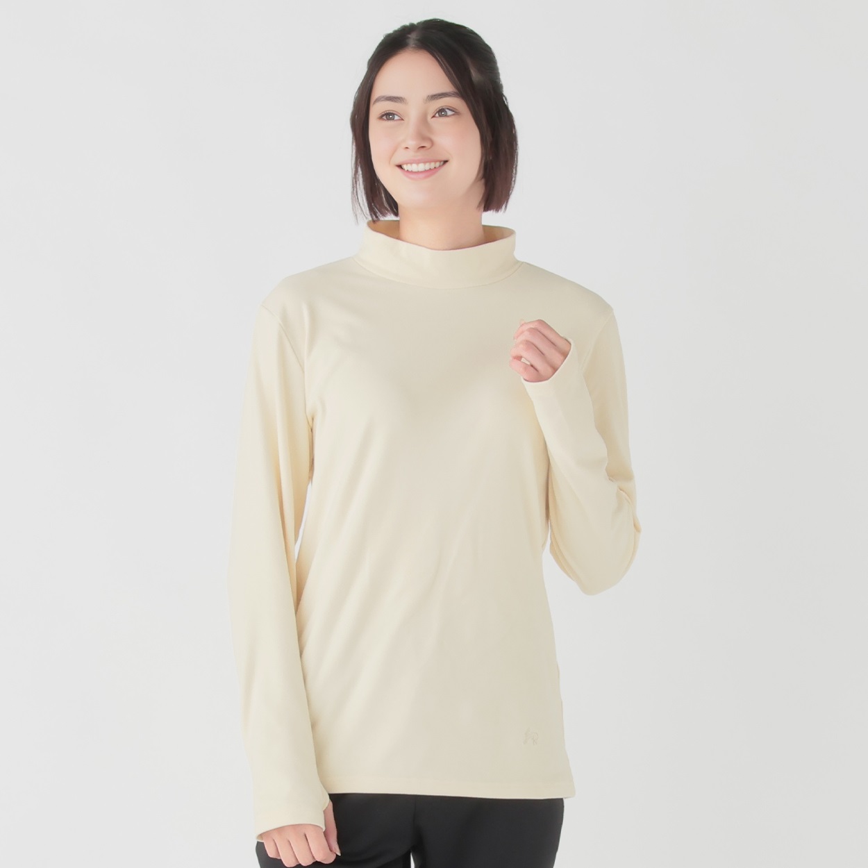 両面微起毛ハイネック長袖Tシャツ あたたか ストレッチ UVカット