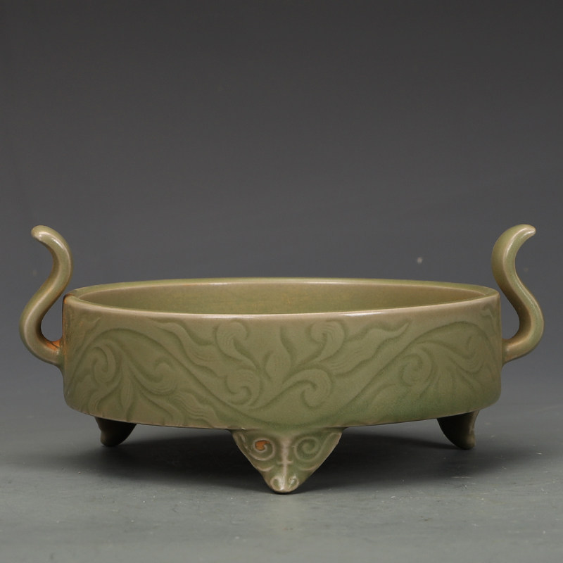 中国美術 窯變 海鼠釉 三足 獅子耳 香炉 明 旧家蔵出