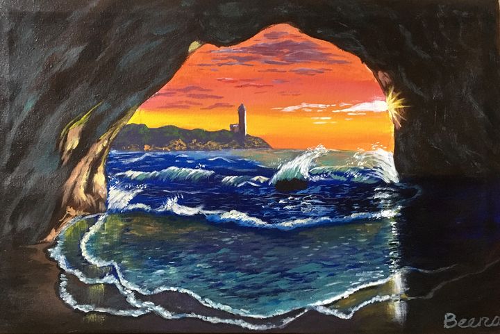 View of ocean from cave - Beena Sohail - Paintings & Prints