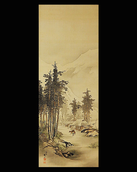 春の遠山 如意輪堂図】湧石 988 掛け軸 肉筆 春の遠山 如意輪堂図】湧