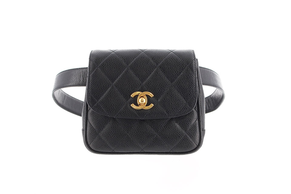 ウエストポーチ マトラッセ 黒 キャビアスキン ゴールド金具