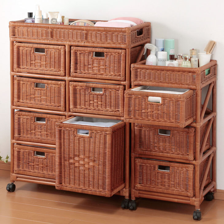 天然籐 ラタン ランドリー チェスト ランドリーラック スリム 3段