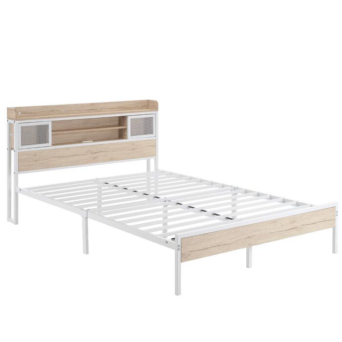 ダブルベッドフレーム 組立式 パイプベッド コンセント付き 宮付き 棚