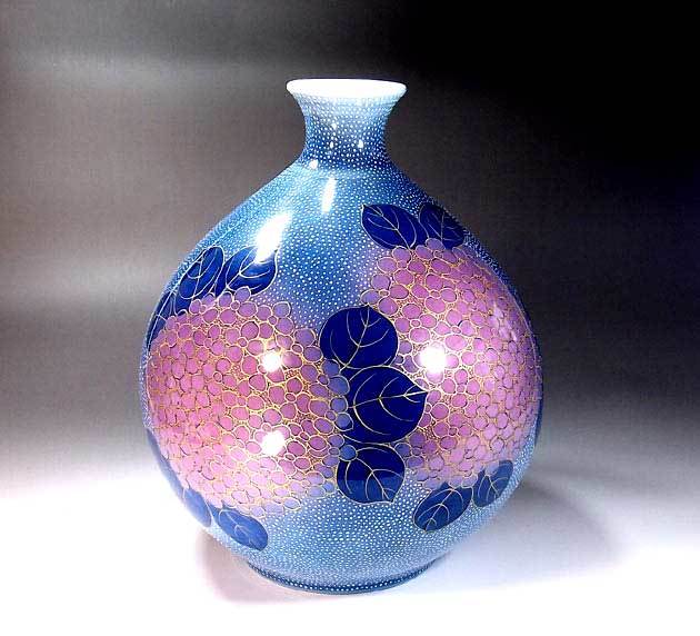 有田焼 陶芸家 藤井錦彩作】有田焼美術品 金彩釉裏紅紫陽花絵飾り花瓶