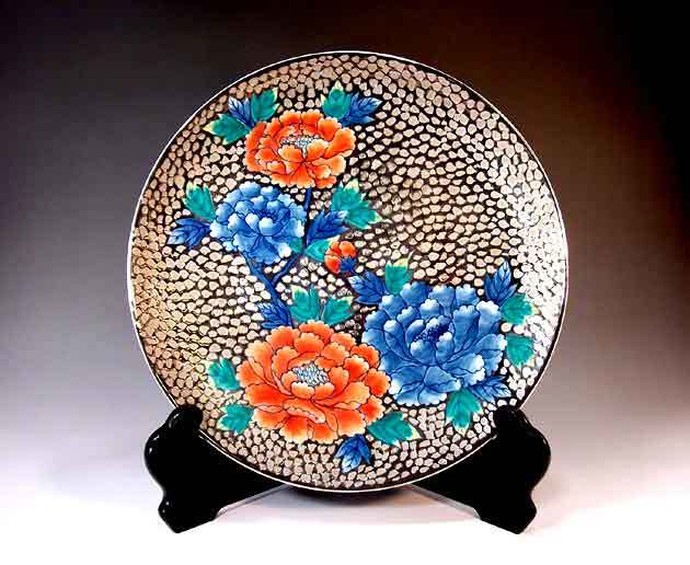 有田焼 陶芸家 藤井錦彩作】有田焼美術品 染錦プラチナ彩牡丹絵飾り