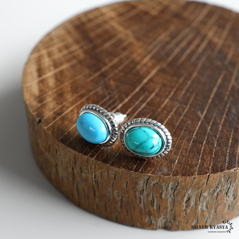 シルバー925素材 銀縄 ターコイズピアス メンズ シルバーピアス