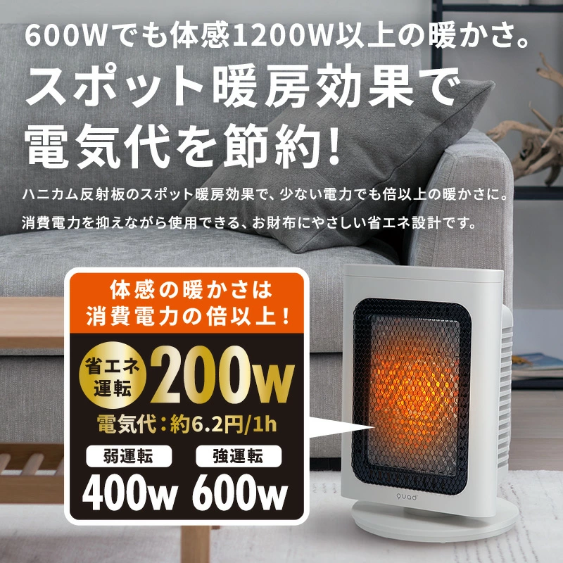 QUADS公式】電気ストーブ 暖かさ2倍 ハニカム反射板 遠赤外線 ヒーター
