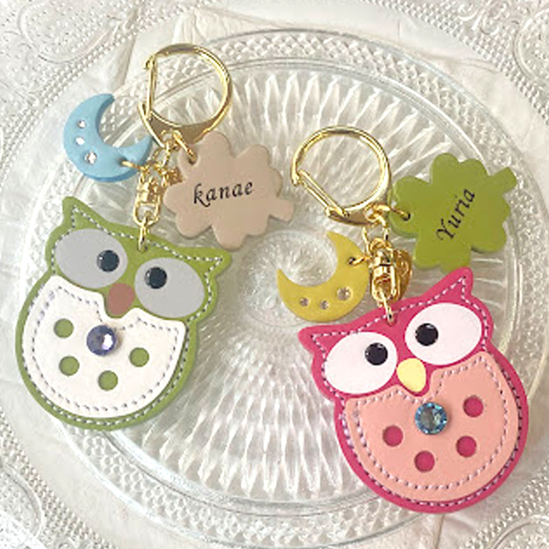 Happy 名入れ 選べる 誕生石 カラー ふくろう フクロウ キーホルダー