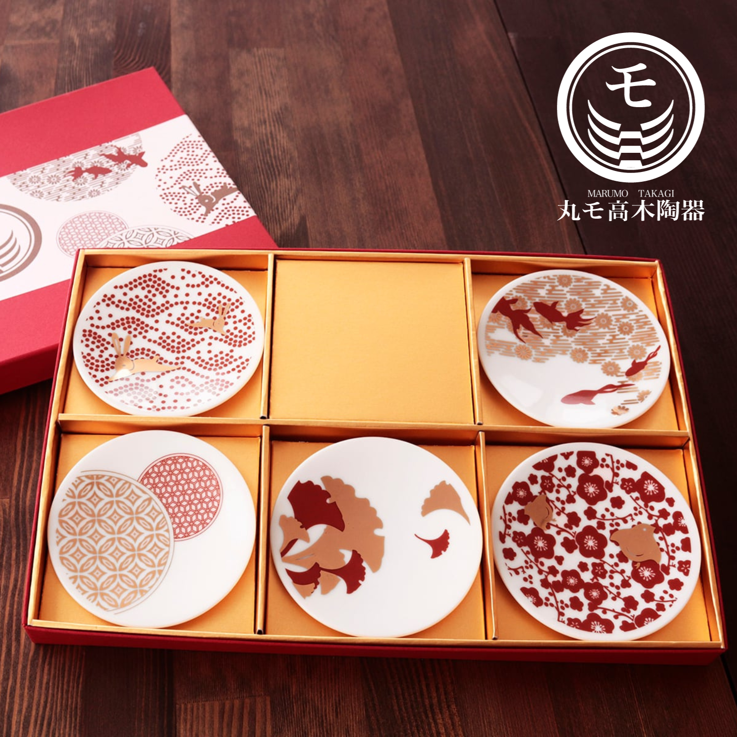 ラッピング無料 丸モ高木陶器『朱金豆皿 5枚揃』豆皿 コレクション