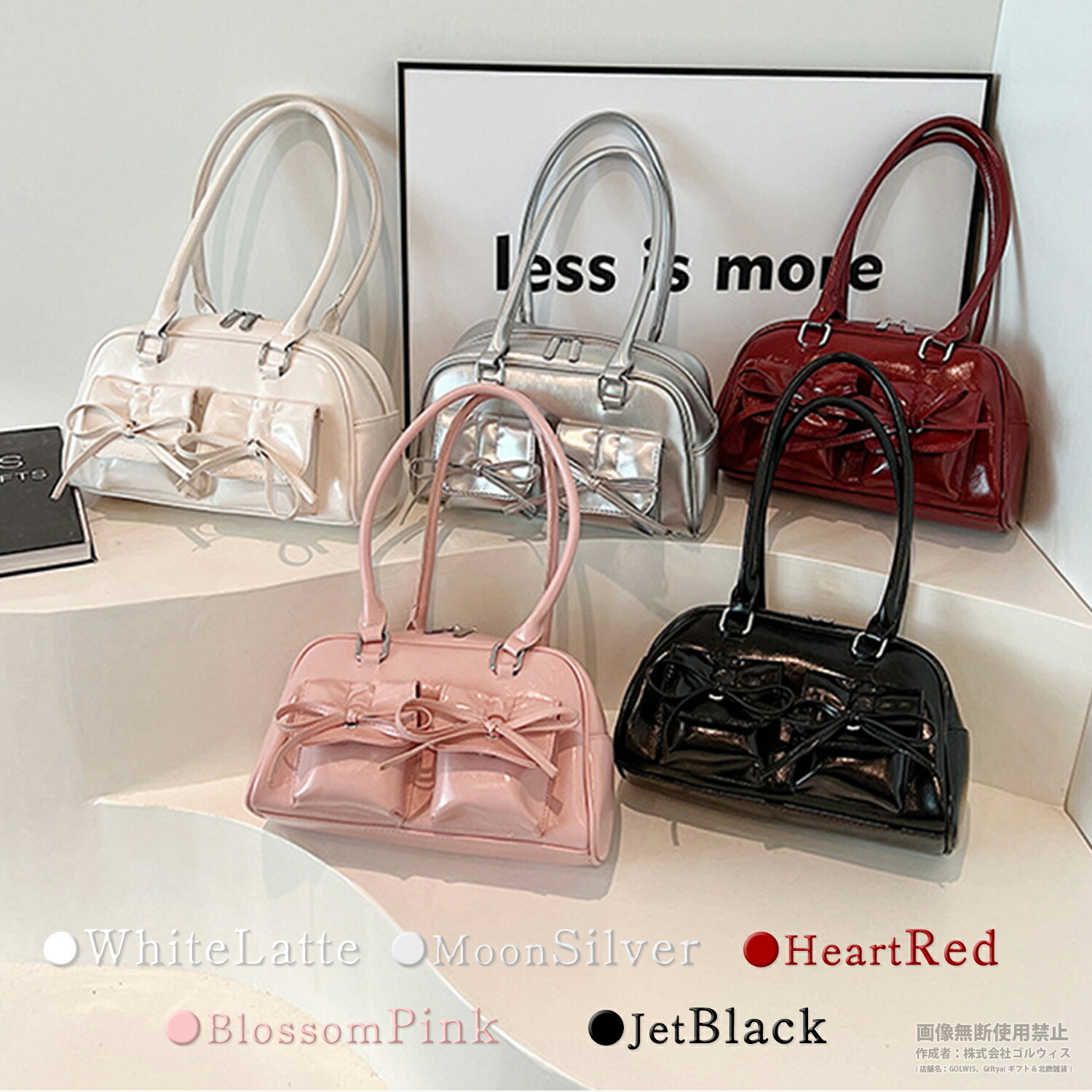 リボン付き エナメル ミニボストン ショルダー バッグ ツインポケット