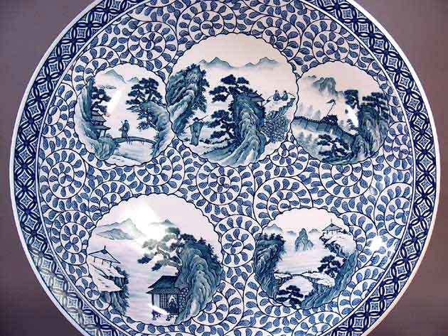 有田焼 陶芸家 藤井錦彩作】有田焼美術品 染付唐草割山水絵飾り大皿