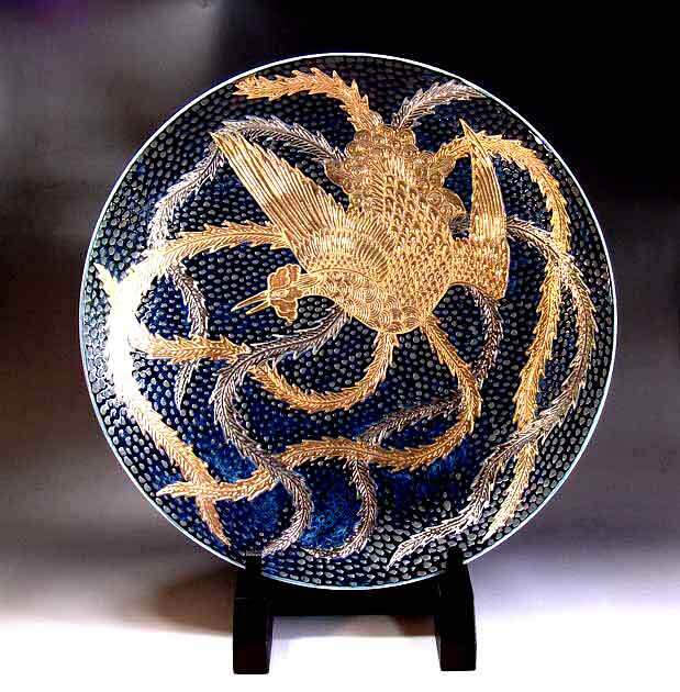 有田焼 陶芸家 藤井錦彩作】有田焼美術品 鉄釉金プラチナ彩鳳凰絵飾り
