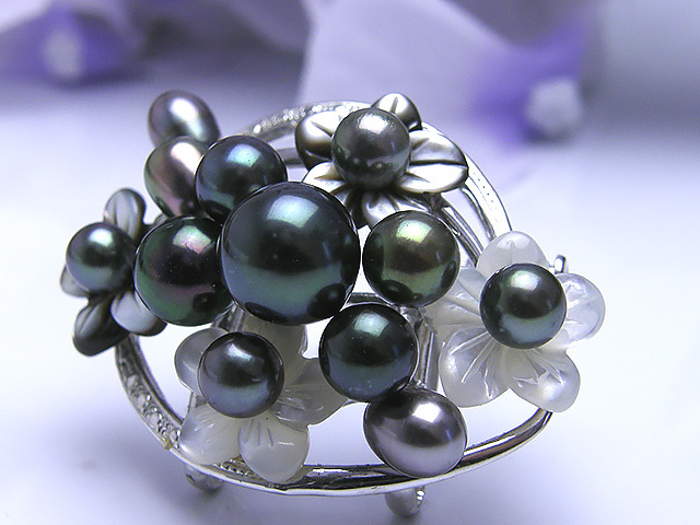 オリエンタルファンタジーブローチ兼帯留め あこや真珠 アコヤ真珠 黒