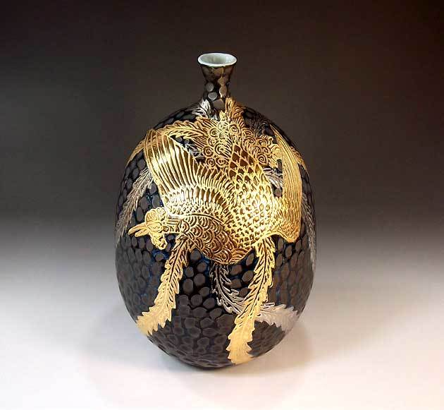 有田焼 陶芸家 藤井錦彩作】有田焼美術品 鉄釉金彩・プラチナ彩鳳凰絵