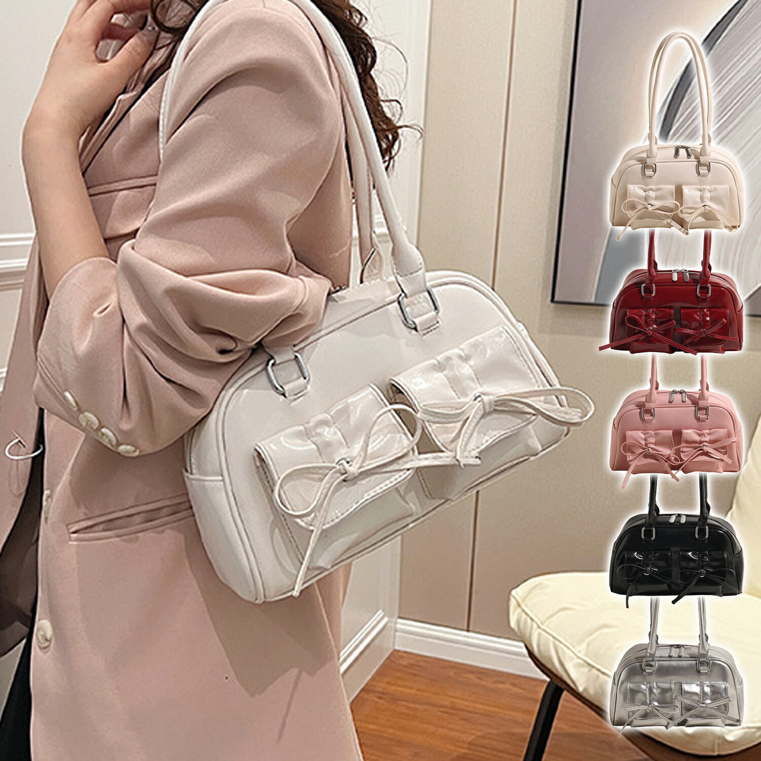 リボン付き エナメル ミニボストン ショルダー バッグ ツインポケット