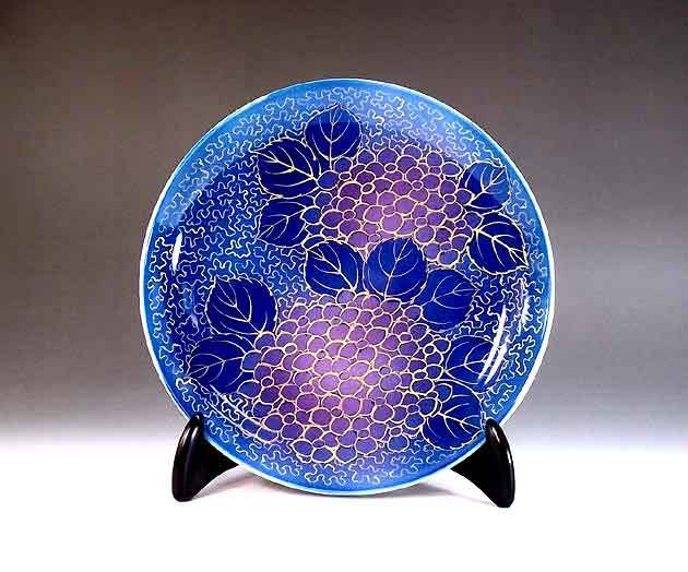 有田焼 陶芸家 藤井錦彩作】有田焼美術品 染錦金彩釉裏紅紫陽花絵飾り