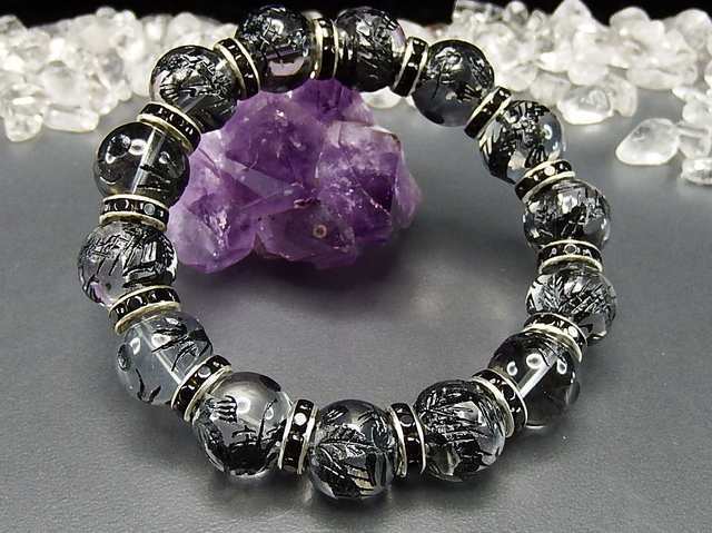 天然石黒龍水晶五爪皇帝龍手彫り14mmロンデル迫力数珠ブレスレット