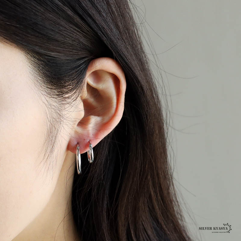 両耳用2点セット シルバー925 シンプル フープピアス 2サイズ 金属